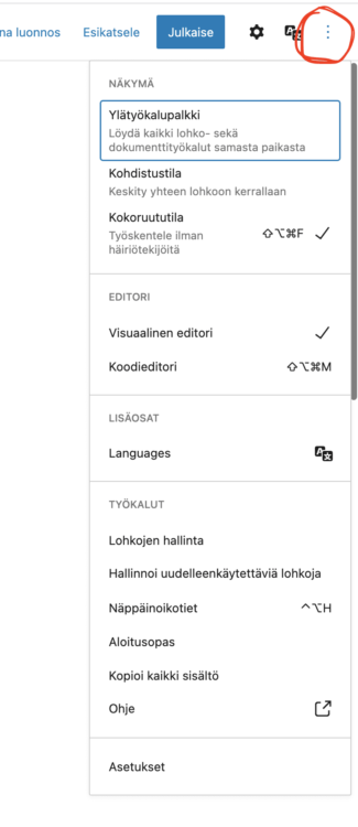 Lohkoeditorin vaihtoehdot valikko