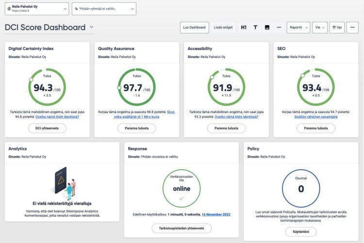 Kuvakaappaus Siteimprove-työkalusta, jossa näkyy neljä arvoa vihreällä merkittynä